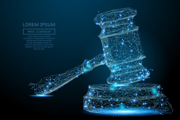 Aufkleber - Polygonal Hammer of a judge. Vector mesh spheres from flying debris. Thin line concept. Blue structure style illustration