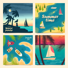 Set Of Retro Tourist Posters. Boats At Sea, View From The Shore Or From Above. Day And Sunset Views. Summer Vacation Trips. Vector Illustration.