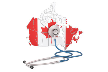 canadian map with stethoscope, national health care concept, 3d rendering