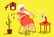 Mature Woman Sitting In Her House In A Very Hot Summer Day, Suffering A Heat Exhaustion,  EPS 8 Vector Illustration, No Transparencies