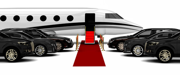 High class red carpet travel fleet  / 3D render image representing a high class travel fleet with an red carpet and a private jet 