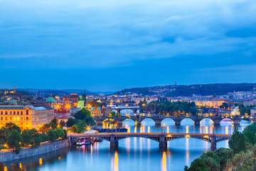 Prague at twilight blue hour, view of Bridges on Vltava