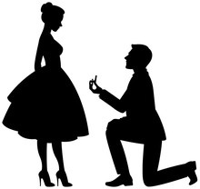Vector Illustration A Man On His Knees, Makes A Proposal To Marry The Woman