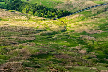 Poster - Scenic view from Pendle Hill, sunlight and clouds shadows on English countryside road and moors on springtime in Forest of Bowland, Lancashire, England UK