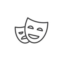 Theater Masks Line Icon, Outline Vector Sign, Linear Style Pictogram Isolated On White. Symbol, Logo Illustration. Editable Stroke