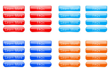Set of colored buttons LEARN MORE and FAQs. Oval web icons