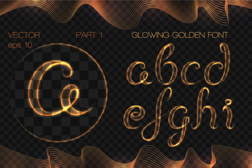 VECTOR eps 10. GLOWING GOLDEN FONT. Part 1.  Hand drawn alphabet a b c d e f g h i.
