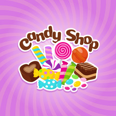 Sticker - sugar sweets vector background with colorful candies and lollipops