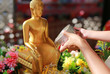 Water blessing ceremony for Songkran Festival or Thai New Year. Child girl paying respects to a statue of Buddha by pouring water onto it.