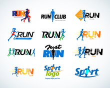 Sport Club, Running Club Vector Labels And Emblems, Logotypes, Badges. Apparel, T-shirt Design Concepts. Athletic Silhouette Training, Athlete Run Illustration. Isolated Vector Illustration.