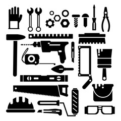 Sticker - Silhouette of construction or repair tools. Vector black icon set