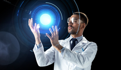 Canvas Print - scientist in lab goggles with virtual projection