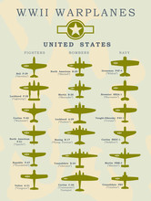 World War II Warplanes In Vector Silhouette Line Illustrations By Coutries United States, North America