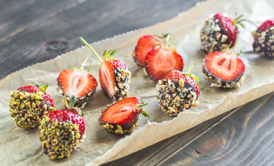 Poster - Fresh strawberries covered with dark chocolate and nuts