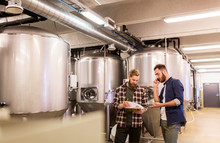 Men Working At Craft Brewery Or Beer Plant