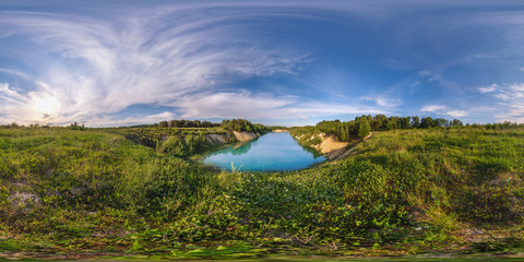 Wall Mural - full 360 degree seamless panorama in equirectangular spherical equidistant projection. Panorama near beautiful blue lake at sunset. Background for virtual reality content
