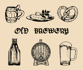 Wall Mural - Vector set of old brewery elements. Collection of hand drawn german cuisine and beer symbols. Oktoberfest illustrations.