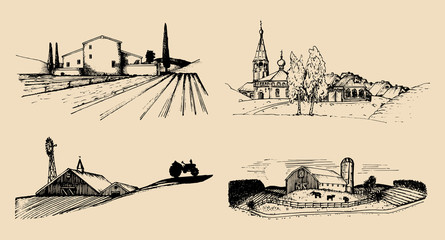 Wall Mural - Vector village landscapes illustrations set. Hand drawn russian countryside. Sketches of farm villa,homestead in fields.