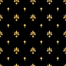 Golden Fleur-de-lis Seamless Pattern. Gold Template. Floral Classic Texture. Fleur De Lis Royal Lily Retro Background. Design Vintage For Card, Wallpaper, Wrapping, Textile.