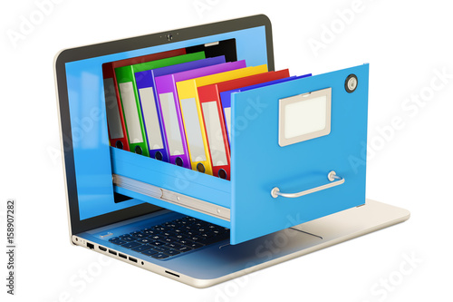 Laptop Data Storage Notebook With Folders In Filing Cabinet 3d