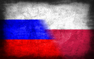 Wall Mural - Russia and Poland flag with grunge metal texture