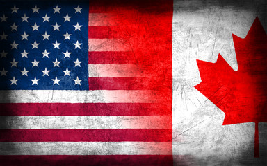 Wall Mural - USA and Canada flag with grunge metal texture