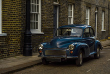 Old Blue Car Parked On The Street, Old London, Old Building In London