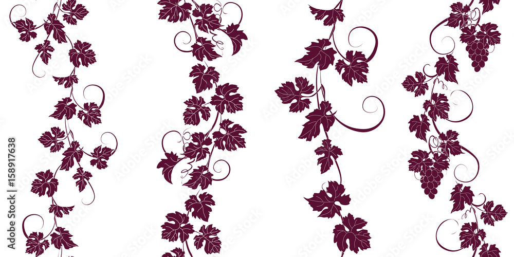 Set of seamless ornaments with vines of grapes. - obrazy, fototapety, plakaty 