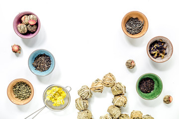 Wall Mural - Different kinds of herbal tea on white background top view mockup