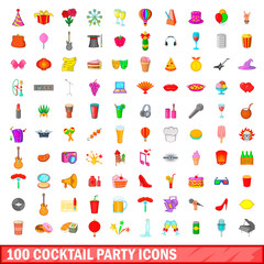 Wall Mural - 100 cocktail party icons set, cartoon style
