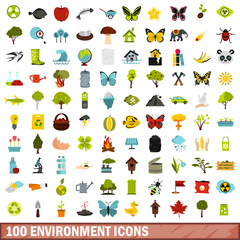  100 environment icons set, flat style
