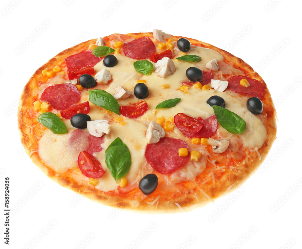 Freshly baked pizza on white background