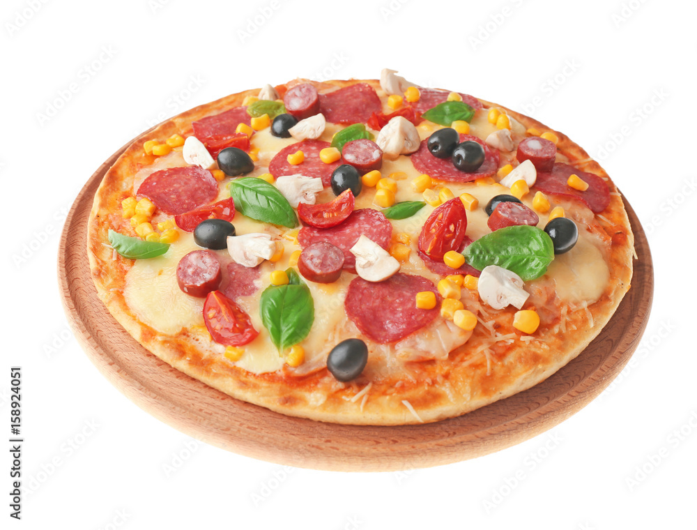Freshly baked pizza on white background