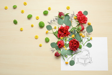 Wall Mural - Composition of beautiful flowers and drawn phonograph on paper. Creativity concept