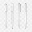 Realistic vector white pen icon set. Corporate identity and branding stationery. Closeup isolated on transparent background. Design template, mockup in EPS10.