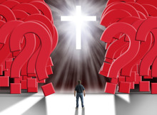 Man Standing In Front Of Glowing Cross With Flowing Light Beams Parting A Giant Wall Of Huge Red Question Marks Representing Faith Is The Answer And Can Clear A Path To Knowledge, Truth And Salvation.