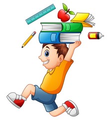 Wall Mural - Cartoon boy running and carrying a school supplies