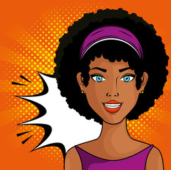 Poster - Afro american woman comic like pop art icon over orange background with yellow dots vector illustration