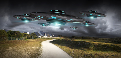 Poster - UFO invasion on planet earth landascape 3D rendering