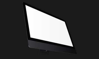 Black computer monitor with blank screen on dark background. Display with perspective view to showcase your website design in modern style. Vector illustration