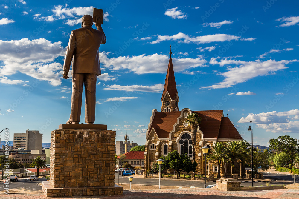 First Namibian President monument and Luteran Christ Church in the center of Windhoek, Namibia - obrazy, fototapety, plakaty 