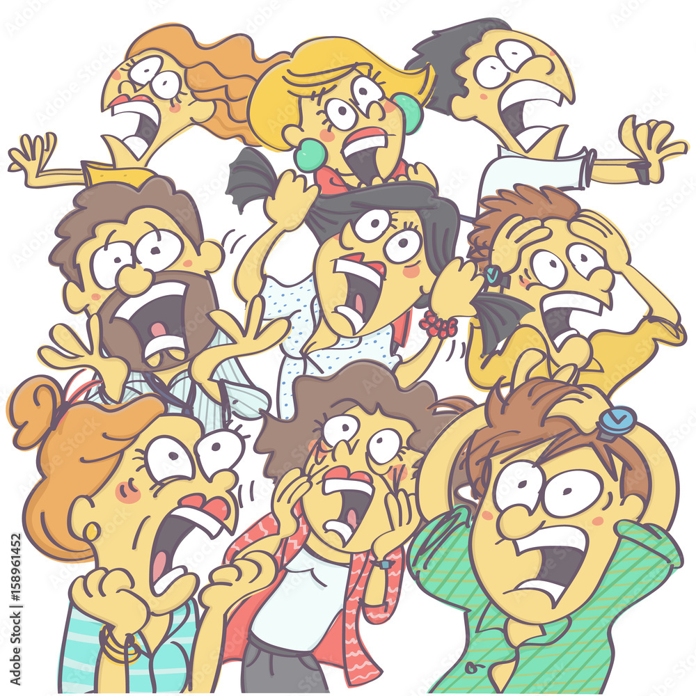 Group Screaming Colorful, funny vector carton with group of people panicking and ...