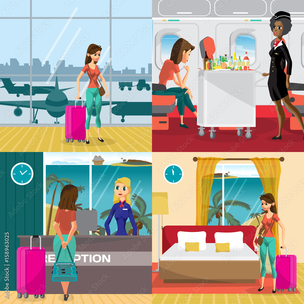 Travel to the warm regions concept banners. Airport, plane, hotel room. A woman on vacation comes to the beach. Vector flat cartoon illustration - obrazy, fototapety, plakaty 