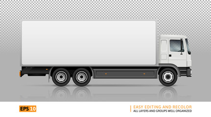 Wall Mural - Semi truck template for car branding and advertising. Isolated cargo vehicle on transparent background. All layers and groups well organized for easy editing and recolor. View from right side.