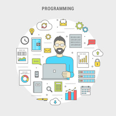 development and programming concept banner. digital devices, programmer creating computer software, 