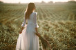 © Stanislav - Young woman in long white lace dress on cornfield. Back view.