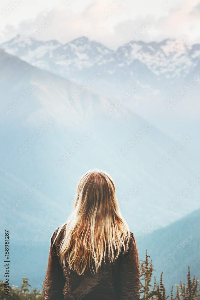 Blonde Woman enjoying mountains landscape Travel Lifestyle wanderlust concept adventure summer vacations outdoor girl traveler in harmony with nature - obrazy, fototapety, plakaty 