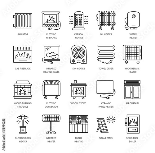 Vector Line Icons With Radiator Convector And Fireplace Heating