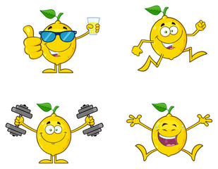 Yellow Lemon Fresh Fruit With Green Leaf Cartoon Mascot Character 4. Set Collection Isolated On White Background