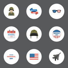 Flat Icons Usa Badge, Military Man, Aircraft And Other Vector Elements. Set Of Day Flat Icons Symbols Also Includes American, Day, Spectacles Objects.